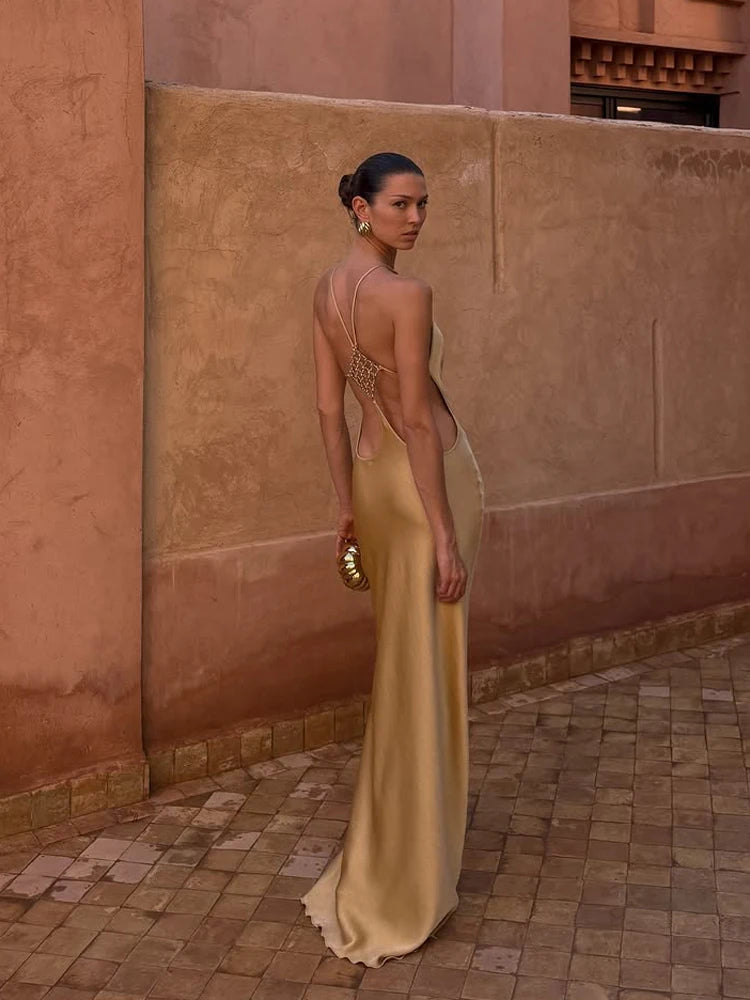 Sexy Backless Satin Dress Women Fashion O-neck Sleeveless High Waist Slim Maxi Dresses 2026 Summer Lady Beach Vacation Robe