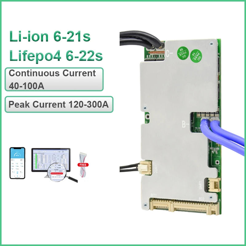 JBD Smart BMS 6S 8S 10S 12S 14S 15S 16S 18S 20S 21S 22S Li-ion BMS Lifepo4 100A 80A 50A 40A 24V 36V 48V 60V Built-in BT With NTC