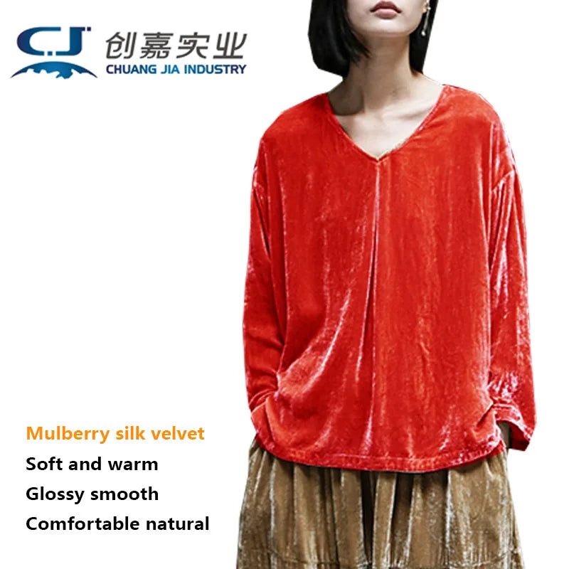 Original Design Spring Autumn Women's Mulberry Silk Velvet V-neck Pullover Loose Large Size Pleated Shirt Smooth Glossy Clothes
