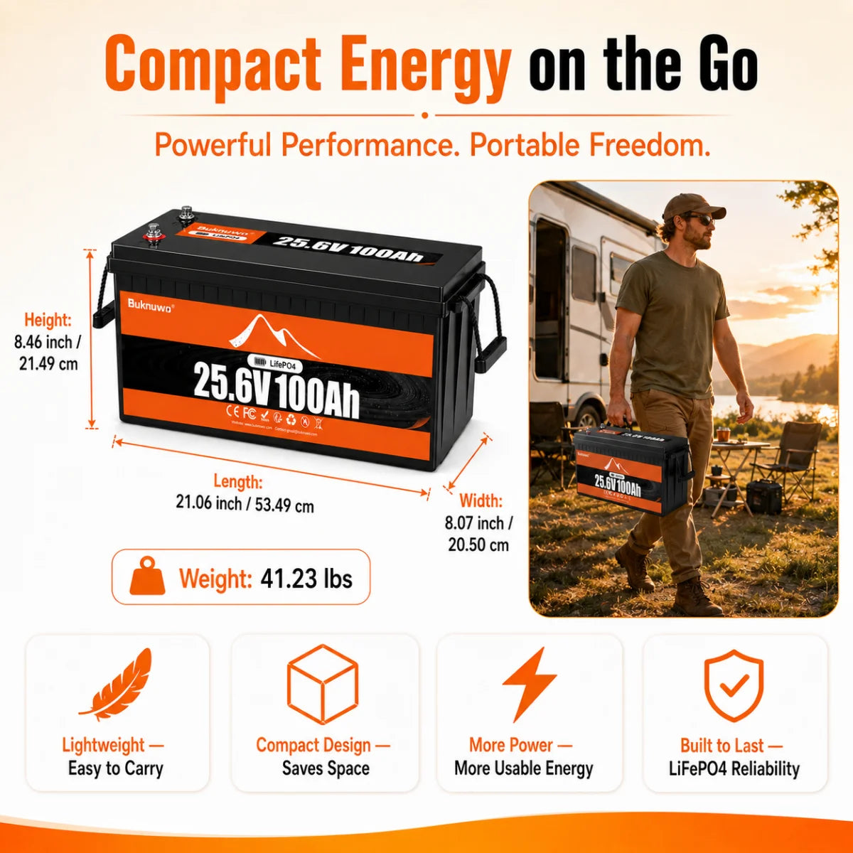 Buknuwo LiFePO4 24V/25.6V 100Ah Lithium Battery With Bluetooth Built-in 100A BMS Grade A Cells 2560Wh Power Energy Storage Battery Low-Temp Protection Capable Of Over 10000 Cycles Support Parallel Battery For Solar,RV,Marine,Off-Grid Application,Camp