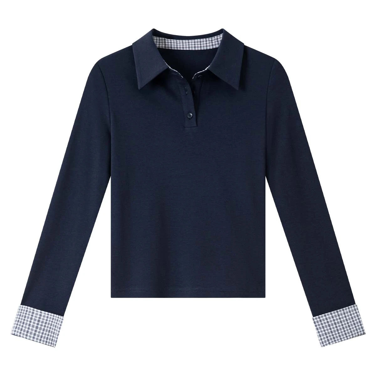 VIMLY Long Sleeve Knitted T-shirt Autumn 2026 Woman Casual New Turn-down Neck Gingham Cuff Strecth Female Tees Ladies Tops A2105