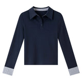 VIMLY Long Sleeve Knitted T-shirt Autumn 2026 Woman Casual New Turn-down Neck Gingham Cuff Strecth Female Tees Ladies Tops A2105