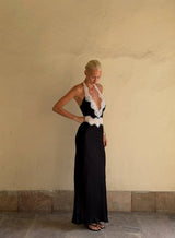 Black Lace Patchwork Halter Neck Maxi Dresses V-neck Sleeveless Backless High Waist Long Dress 2026 Elegant Party Club Outfits