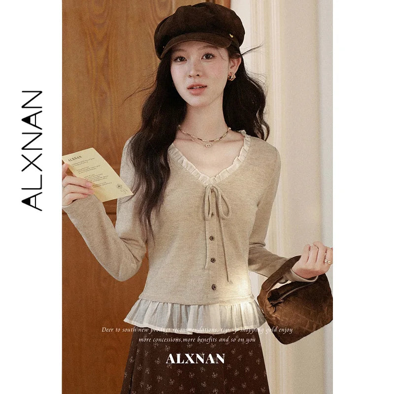 ALXNAN Oat Long Sleeve T-shirt V-neck Thin Strap Bow Buttons Chest Decorated Lace Splicing Neckline and Hem Ladies Tops L67631