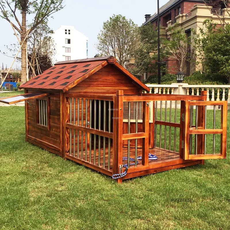 Pet Villa House with Outdoor Fence Outdoor Waterproof Dog Kennel Solid Wood Dog House for Medium and Large Dogs Pet Supplies