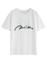 FSLE Summer 2025 Letter Print T-Shirt - Beaded Detail Round Neck Loose Fit Casual Top Women Fashion