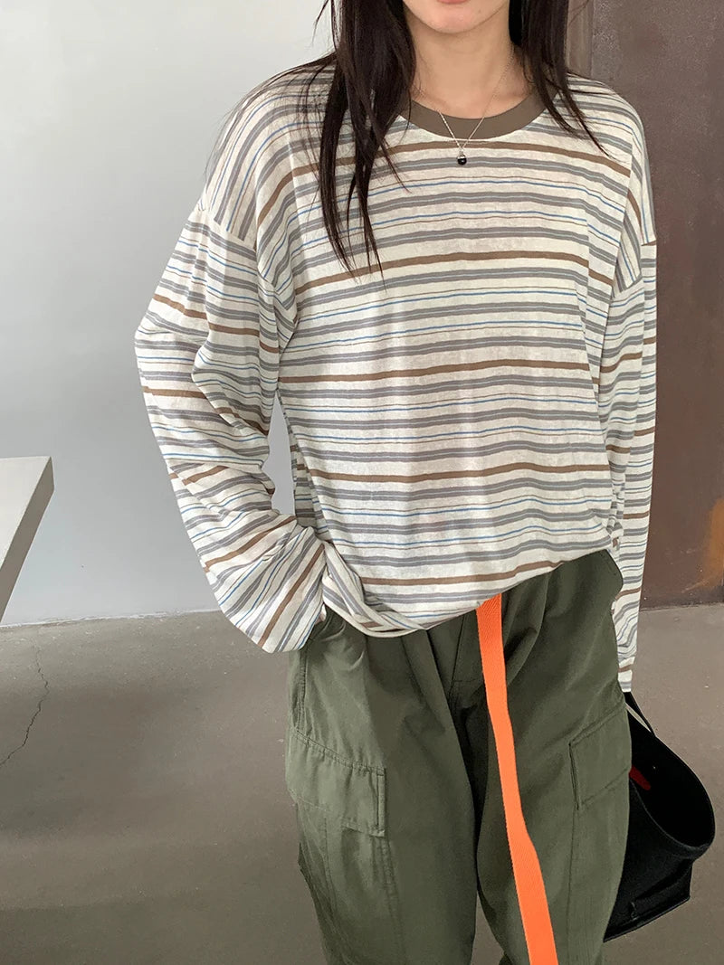 Spring and Summer Women's Casual Contrasting Color Round Neck Long Sleeved Striped Sunscreen T-Shirt
