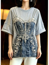 Fashionable Heavy-Duty Beaded Loose T-Shirt Women's Summer New Arrival Korean Style round Neck Short Sleeve Top for Ladies