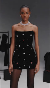 2025 New Spring Black Color Women Sexy Strapless Colorful Crystal Bodycon Mini Bandage Dress Nightclub Party Celebrate Outfit
