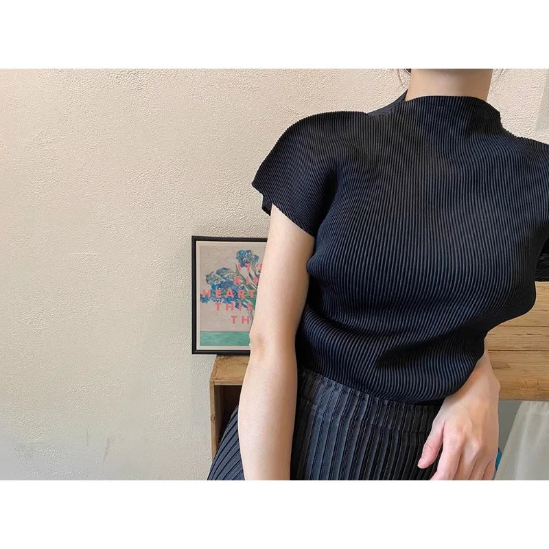 Pleated White Top Half High Neck Short Sleeve T-shirt Women's Black Loose Fashion High Quality Korean Edition Women's Top