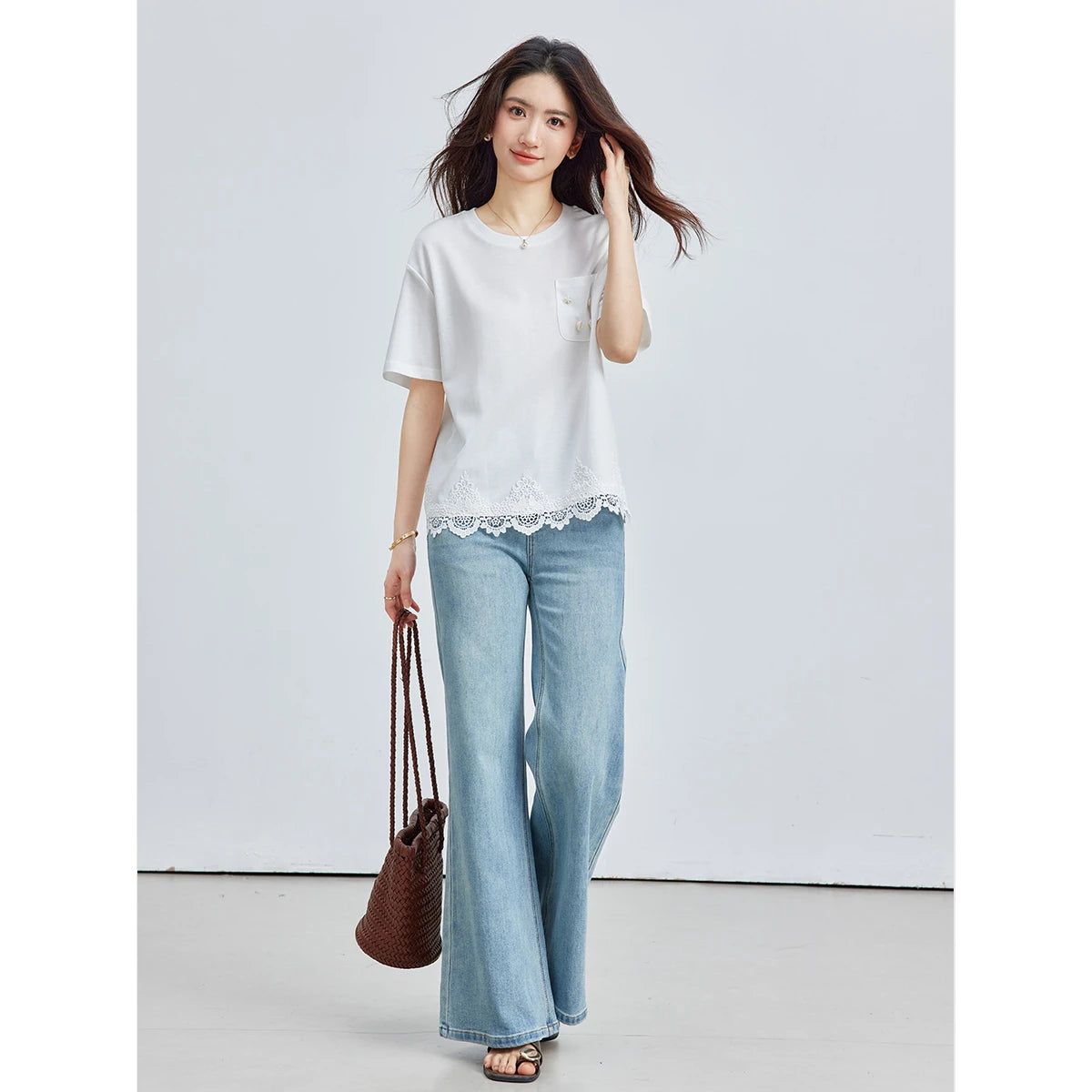 VIMLY French Simple White Short Sleeve Tee Women 2026 Summer Shell Pocket Lace Hem Loose Casual Mid-Length Knit T-shirt A6228