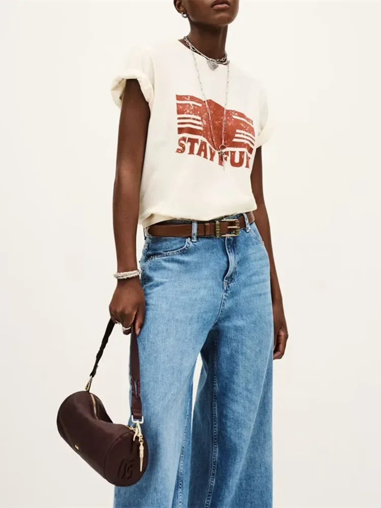 Distress Women Short Sleeved T-Shirt Letter Printed Round Neck Loose Tee for Female Spring Summer 2026