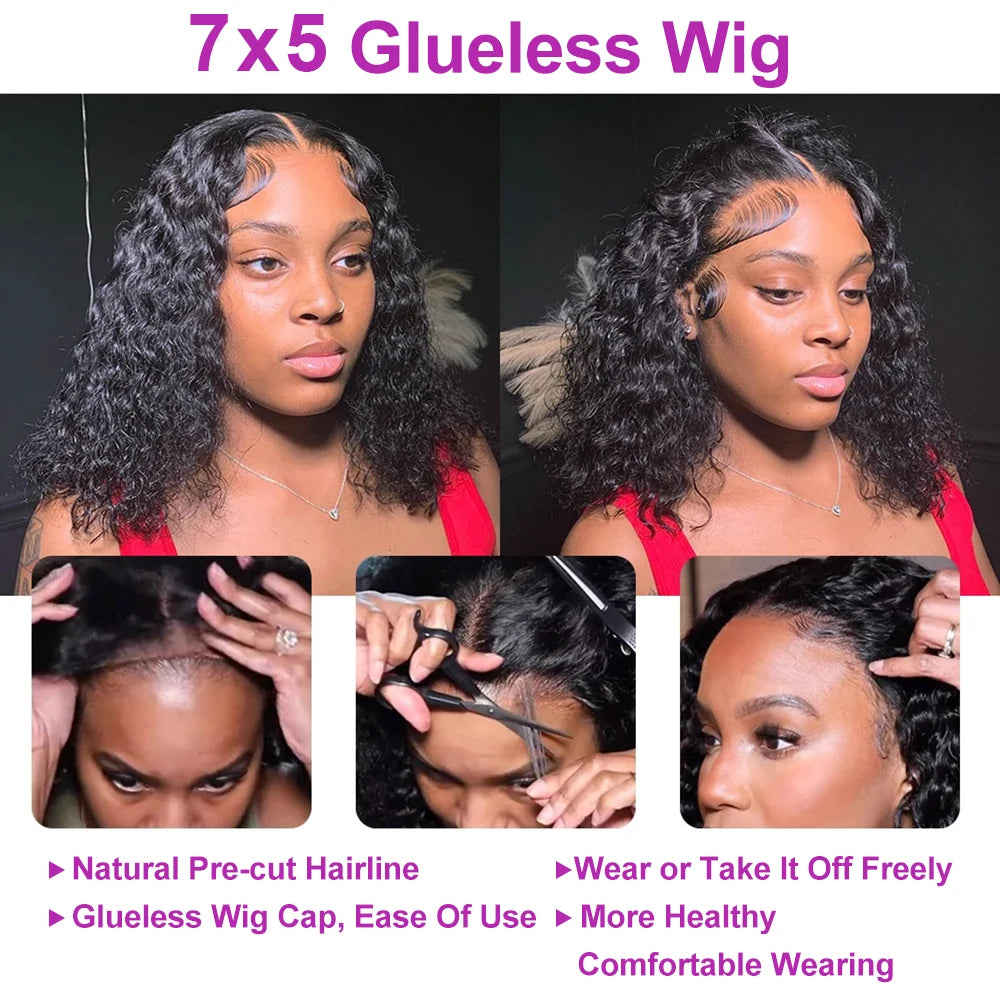 No Glue Deep Wave Lace Frontal Wigs For Women 13x4 7x5 Glueless Bob Wig Curly Human Hair Wigs 250 Density Ready to Wear