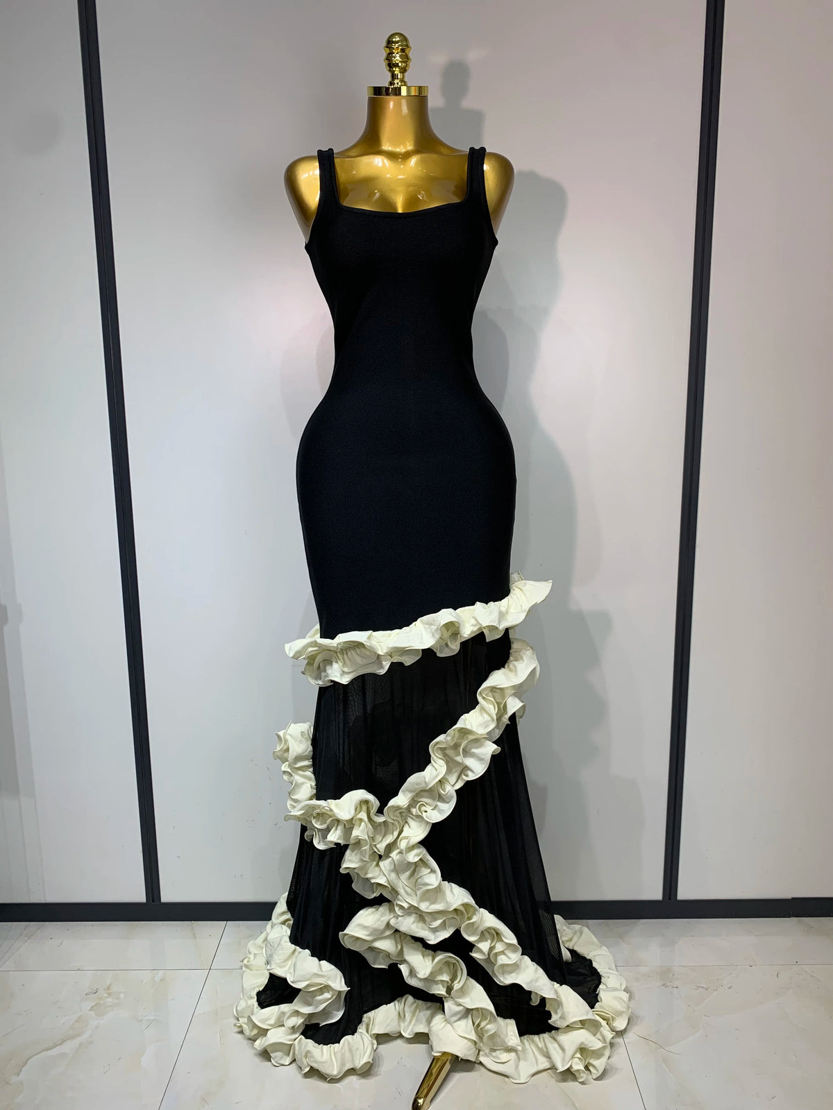 Women Black Sleeveless Ruffles Patchwork Maxi Bandage Dress 2025 Celebrity Elegant Evening Party Gowns Fashion Show Outfit