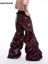 Mauroicardi Spring Autumn Cool Long Baggy Black Soft Pu Leather Wide Leg Stacked Pants Men Mens Designer Clothes Streetwear 2025
