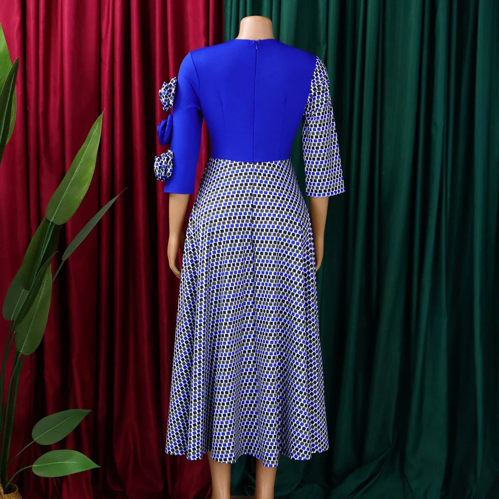 Elegant Dresses for Women 2025 Fall Fashion African 3/4 Sleeve Party Birthday New Robe Chic 3D Flower Plaid Evening A-Line Dress