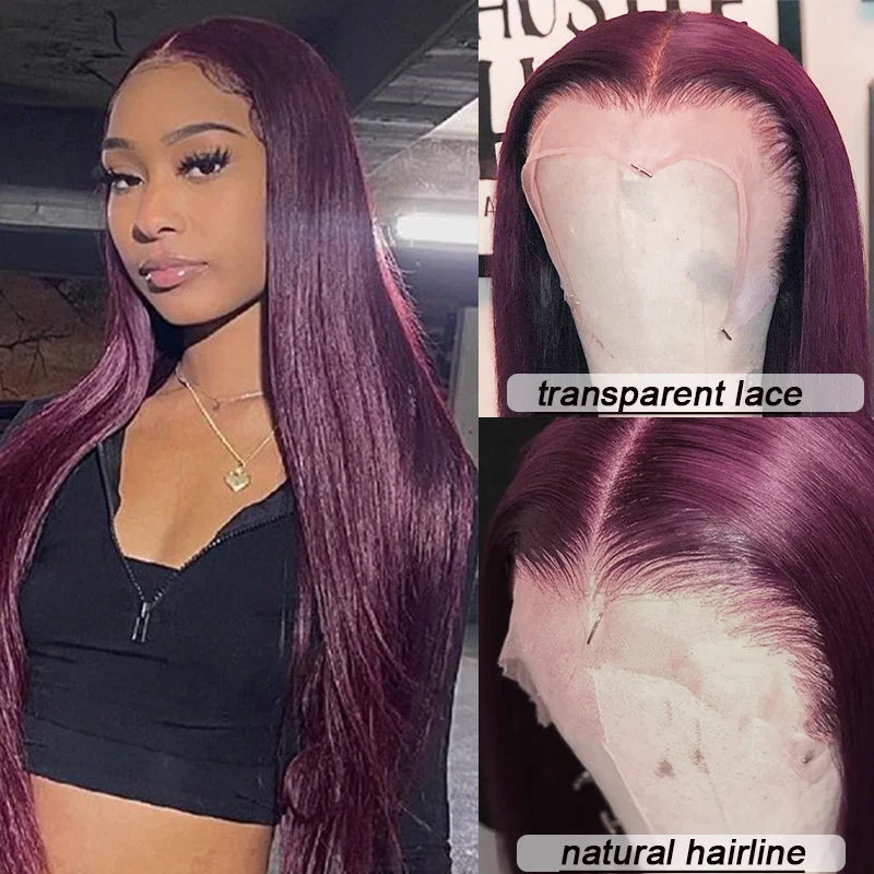 Burgundy Straight 13x6 HD Lace Frontal Wig Pre Plucked Remy Hair 99J Red Transparent Lace Front Human Hair Wigs With Baby Hair