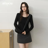 MISHOW Women's Solid Long‑Sleeve T‑Shirt 2026 Autumn U‑Neck Soft Knit Tees Waist‑Ruched Basic Versatile Casual Tops MXF41T3155