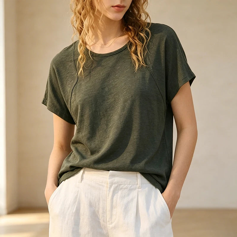 Chic Women's 100% Linen Round Neck T-Shirt Slim Designer Original Natural Short Sleeved Tee Tops