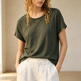 Chic Women's 100% Linen Round Neck T-Shirt Slim Designer Original Natural Short Sleeved Tee Tops