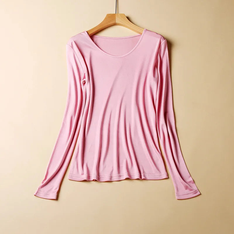 2025 Fashion New Mulberry Silk Long Sleeve Bottoming Shirt Women's Silk Knitted Solid Color Round Neck Bottoming Shirt