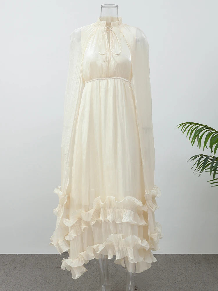 Multi-layer Ruffled Hem Sleeveless With Cape Maxi Dress Women Round Collar Lace Up Long Dresses 2026 New Evening Party Robes