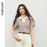 SENTUBILA Knit Short Sleeve T-shirt for Women Summer Fashion Polo Striped Contrast Letter Embroidery Straight Top 162TC6319
