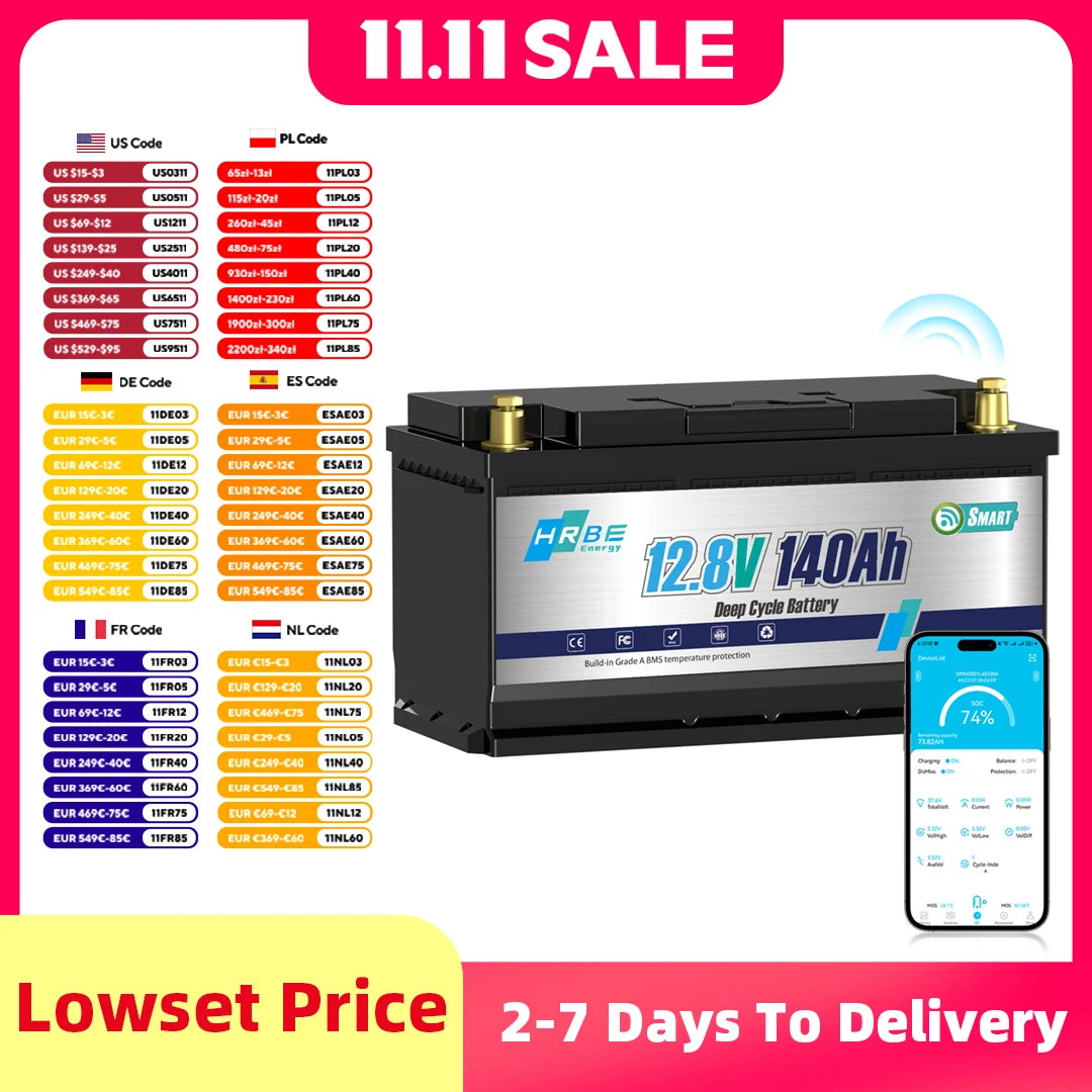 HRBEEnergy 12V 140AH LiFePO4 Lithium Battery Pack Bluetooth 100A BMS For Off-Grid Trolling Motor Campers Home Energy Storage