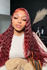 34 Inch 200% Density 99J Burgundy Wine Red 13x4 Lace Front Wigs With Natural Deep Wave, Transparent Lace And Baby Hair, Pre-Pluc