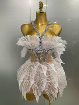 Sexy Shining Gold Crystal Transparent Wings Mini Dress 2025 Women Birthday Party Bar Nightclub Singer Stage Performance Costume