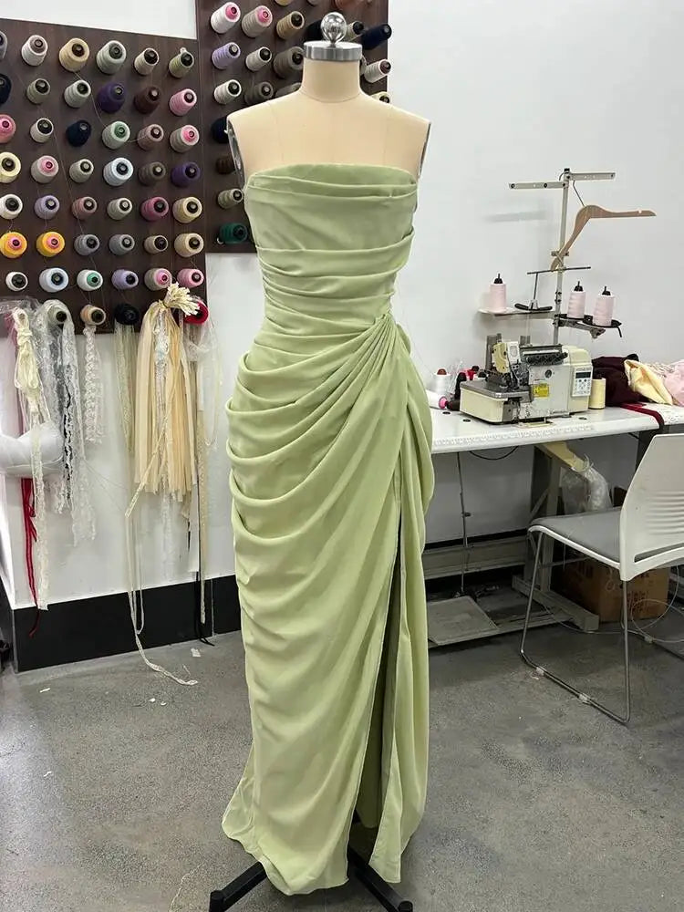 DEAT Fashion Ruched Slit Strapless Dresses Women's Sleeveless Bodycon Yellow Maxi Party Dresses New 7A4256
