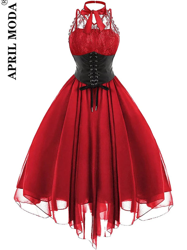 Irregular Hem Black High Waist Gothic Dresses Sleevesless Lace Chiffon Patchwork Aesthetic Goth Harajuku A-Line Dress for Women