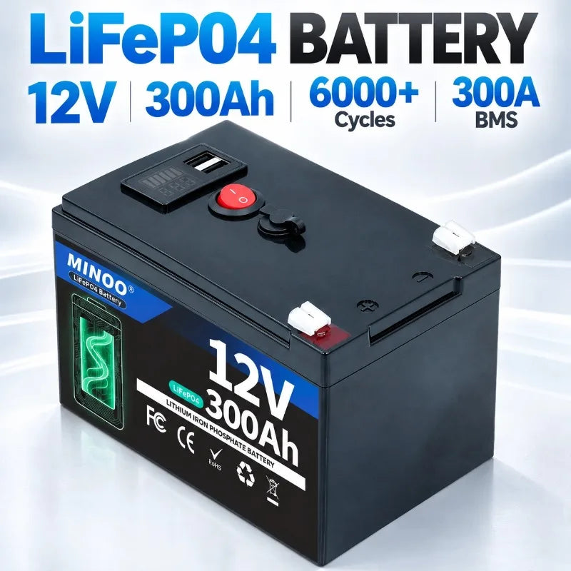 LiFePO4 12V 300AH 12V 200AH Battery Free Charger 12V Lithium Battery Built-In 300A BMS 6000+ Cycle For Solar RV Marine Energy