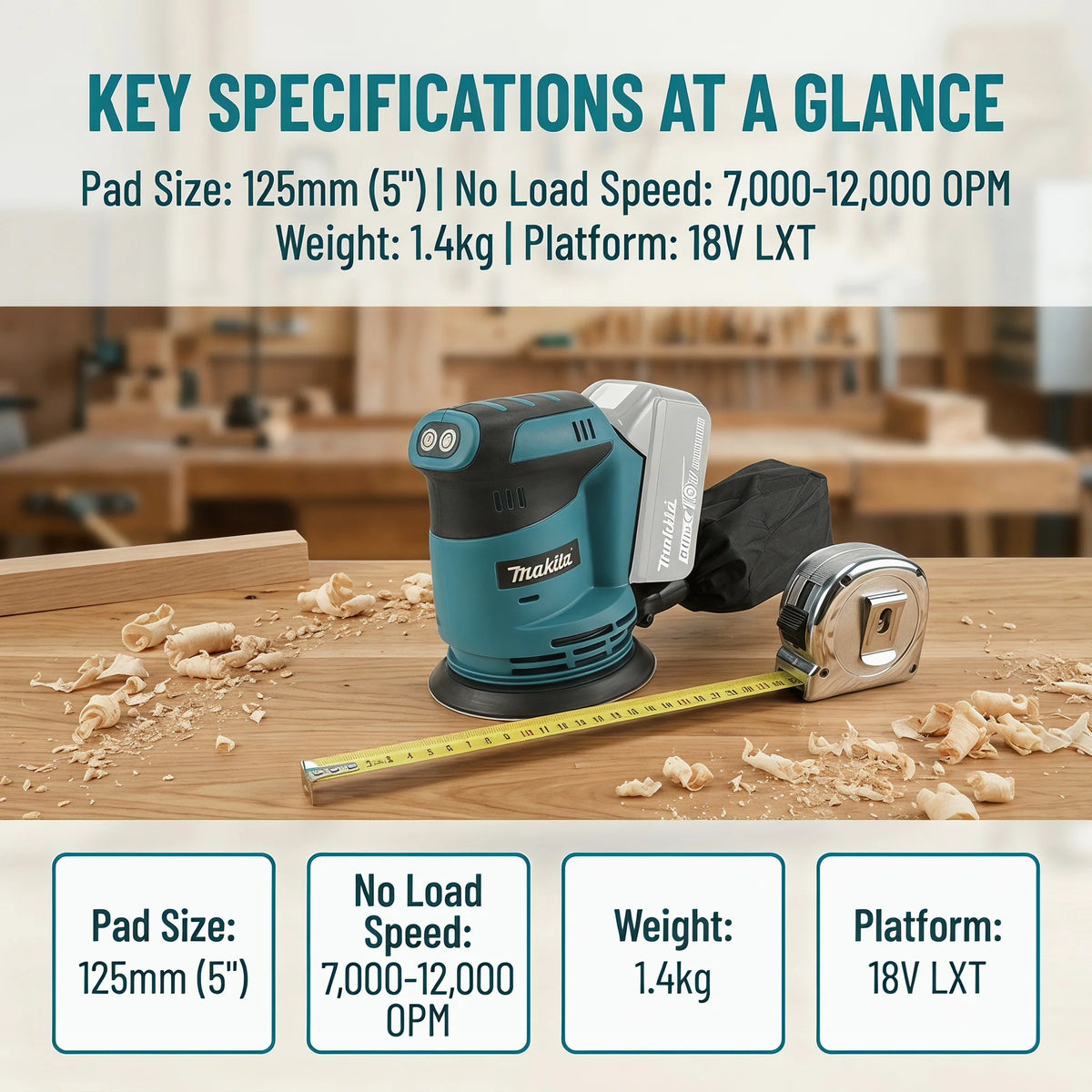 Makita DBO180Z 18V Cordless Random Orbital Sander for Woodworking And Putty Polishing Bare Tool for DIY And Professional Use