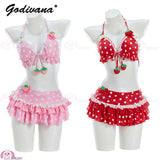 Kawaii Sweet Girls Bikini Set Vintage Polka‑Dot Strawberry Print 2‑Piece Swimsuit Cosplay Beach Bathing Suit For Women