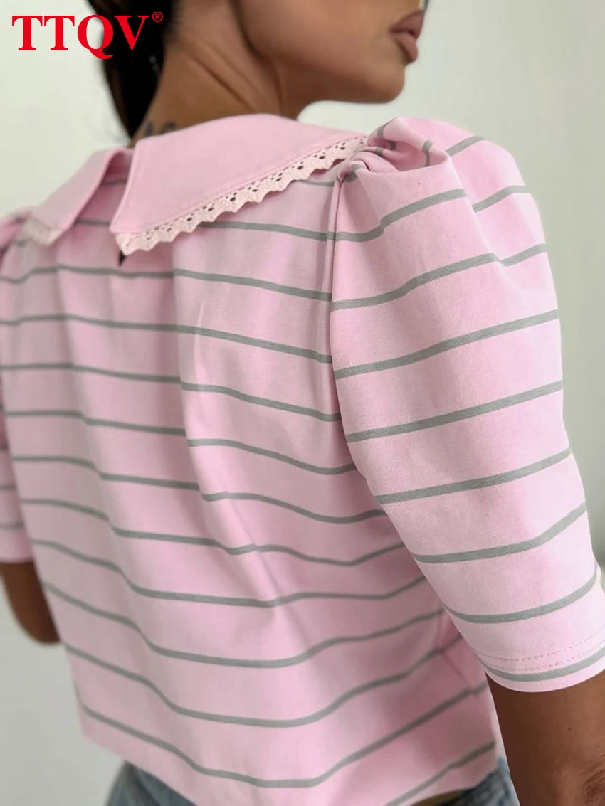 TTQV Summer Loose Stripe Print Women's T-Shirt 2026 Fashion Lapel Short Sleeve T Shirts Elegant Classic Top Female Clothing