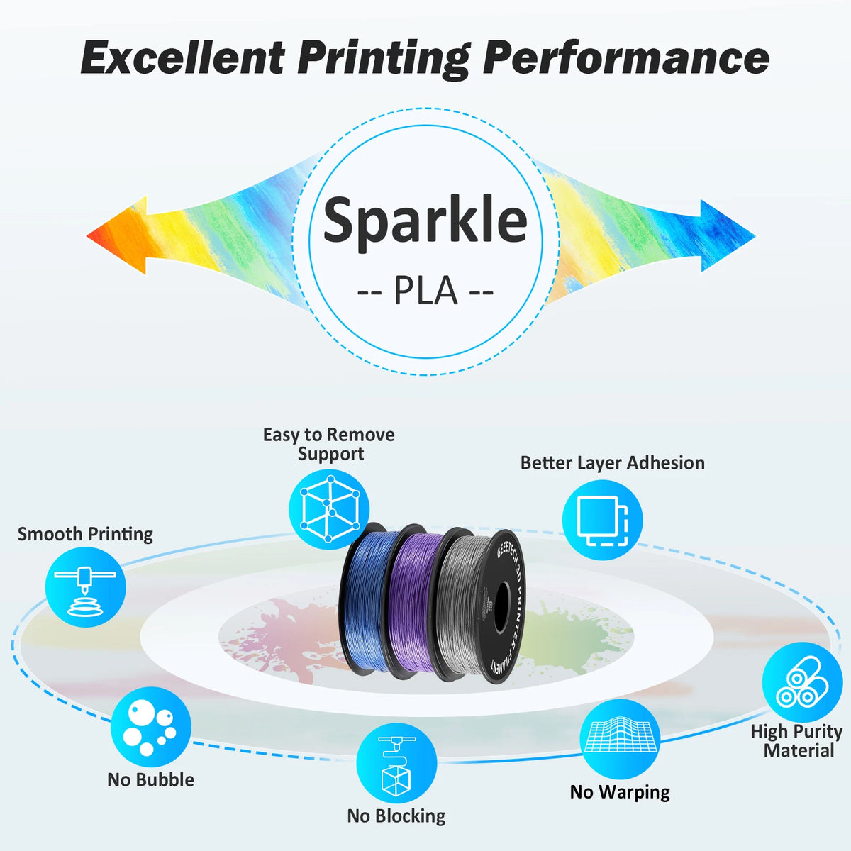 Geeetech Sparkly PLA Filament 1kg 1.75mm 3D Printer Plastic Material, Accuracy 0.03mm, multiple colour, Fit Most FDM Printer