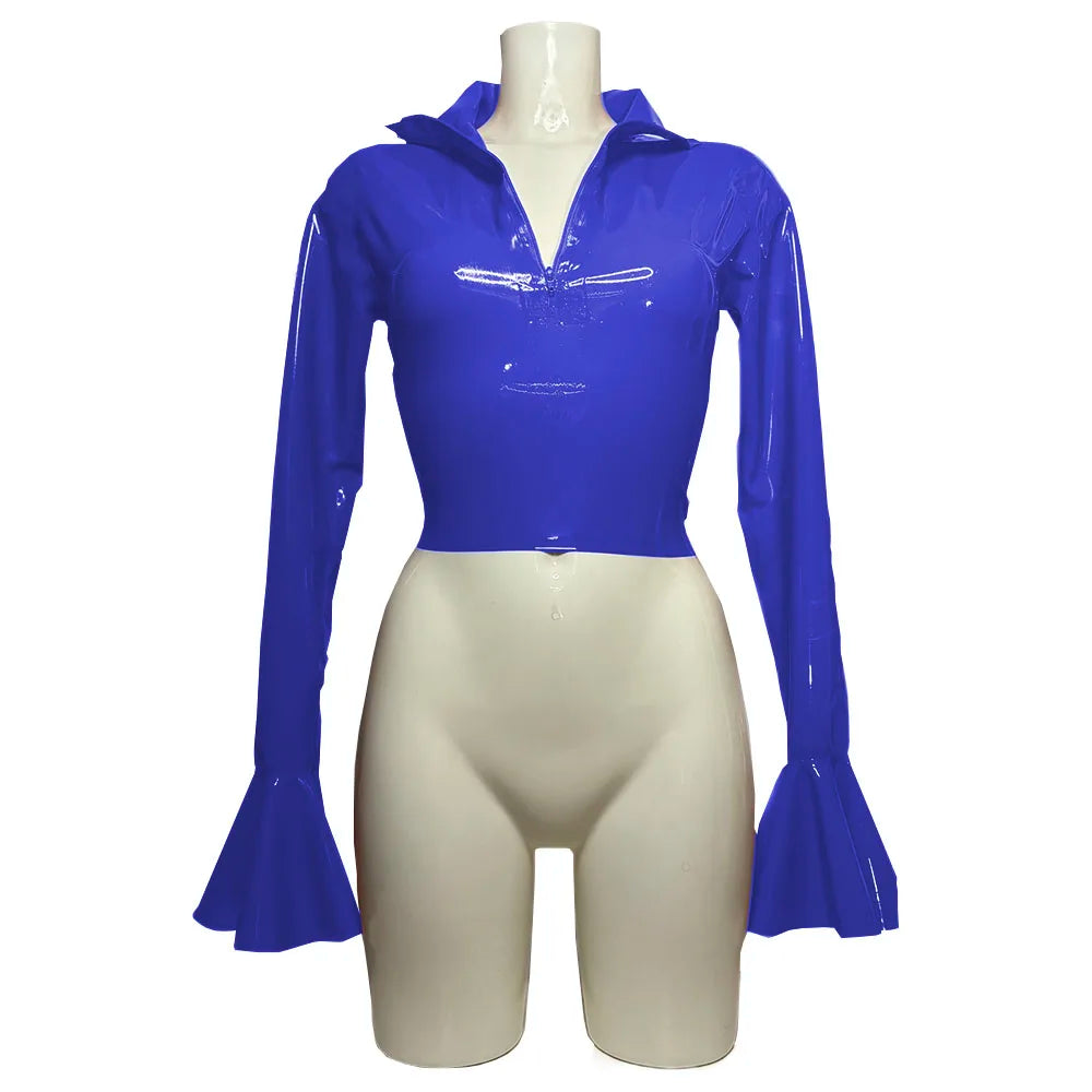 Punk Chic Flare Crop Tops,Long Sleeve,Vintage Pole Dance,Shiny PVC Leather T Shirt,Nightclub Fashion Tees,Female Pullover Blouse