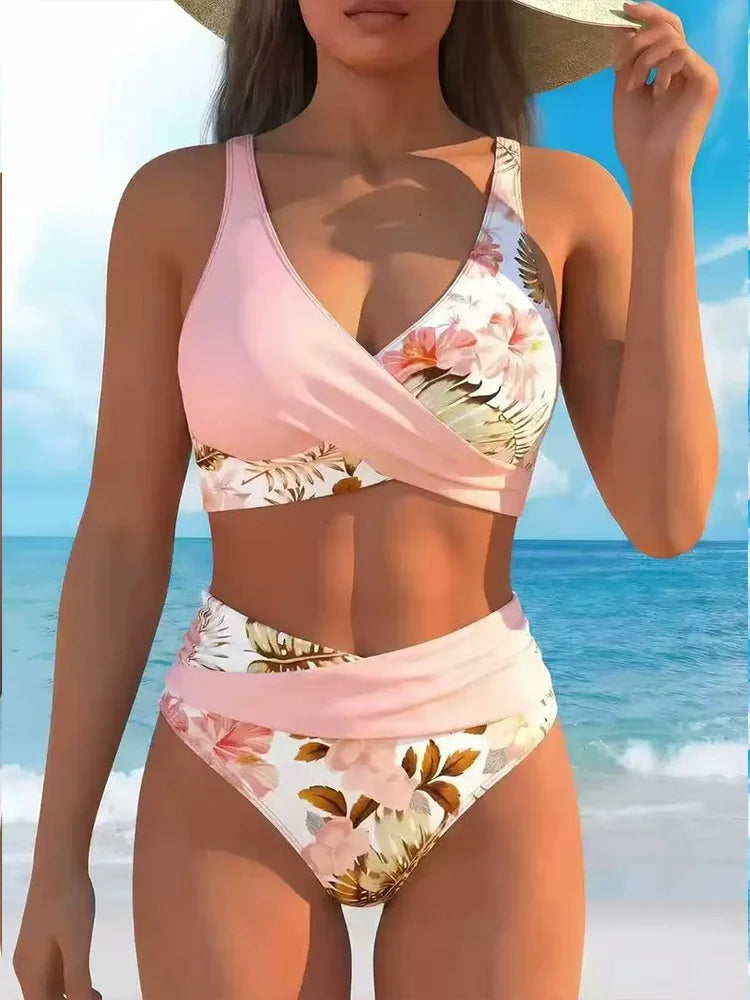 V Neck Tank Swimwears High Waist Bikini Summer Beach Bathing Suit Swimsuit Women Vertical Stripe Patchwork Bikini Set Wrap Front