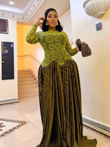 Elegant Olive Green Dresses High Waist Long Sleeve Maxi Dress for Woman Evening Party Pleated Dress Stretch Fabric for Dress