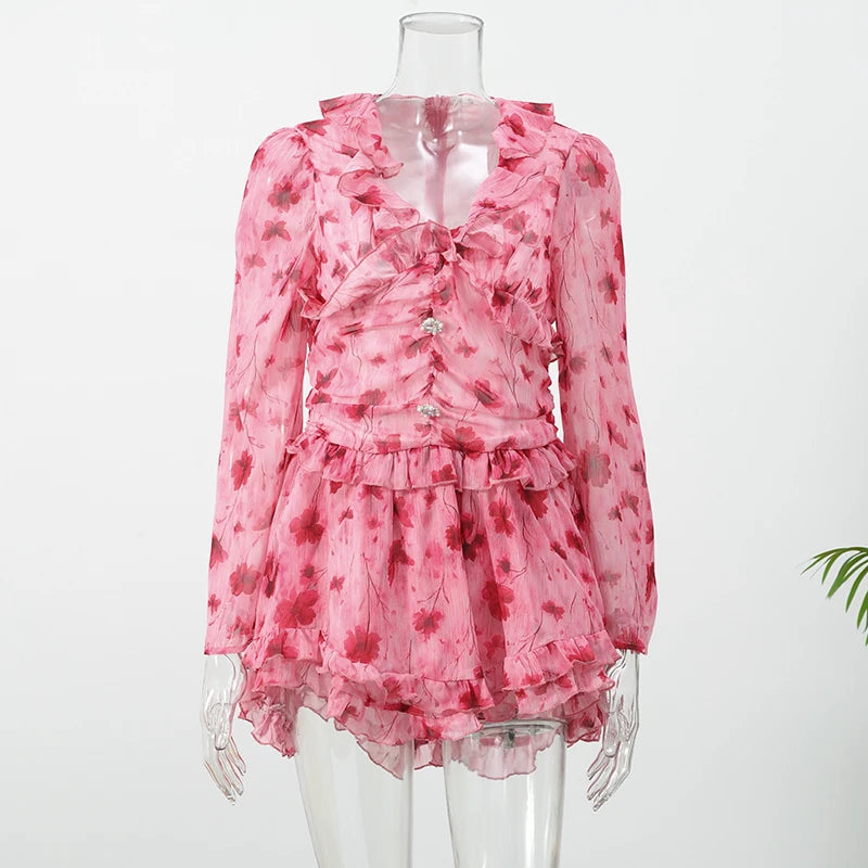 Women Elegant Floral A-line Pleated Dress Sexy Long-sleeved Waist Cinching Ruffle Mini Dresses 2026 Lady Vacation Street Gowns