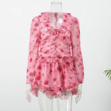 Women Elegant Floral A-line Pleated Dress Sexy Long-sleeved Waist Cinching Ruffle Mini Dresses 2026 Lady Vacation Street Gowns
