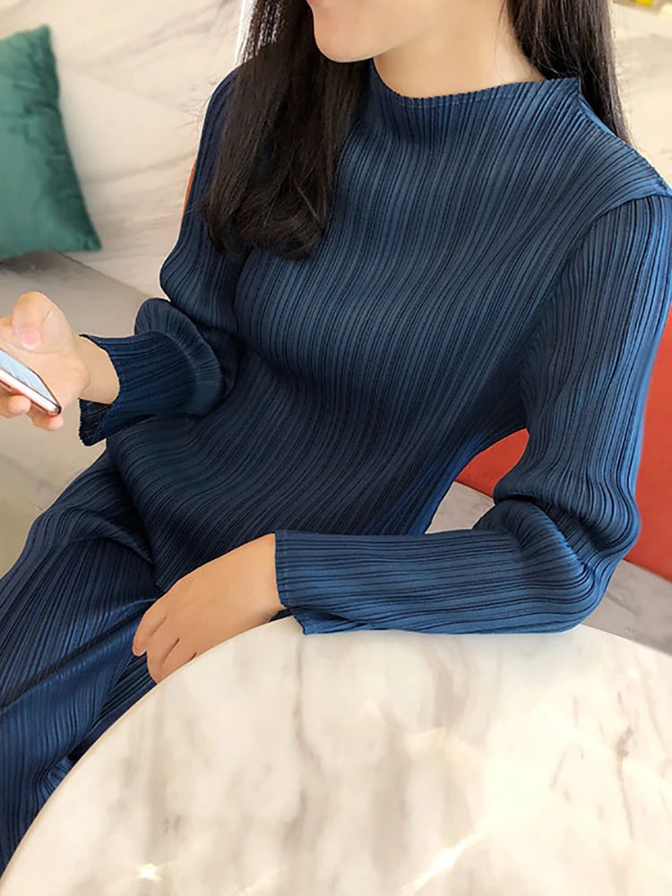 Miyake Pleated Classic Long Sleeved Tops Women Spring Autumn Elegant Causal T-shirt