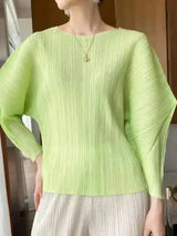 GVUW Pleated Round Collar T Shirt Women Full Sleeve Solid Color Versatile New 2025 Pullover Temperament Female Tops 17G8531