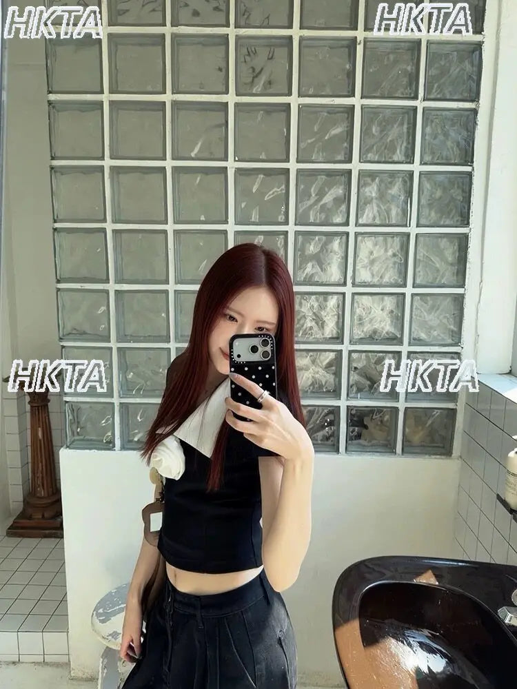 Japanese French 2026 Spring New Temperament Rose Black White T Shirt Versatile Top Girls Commuter V Neck Slim Short Tshirt Women