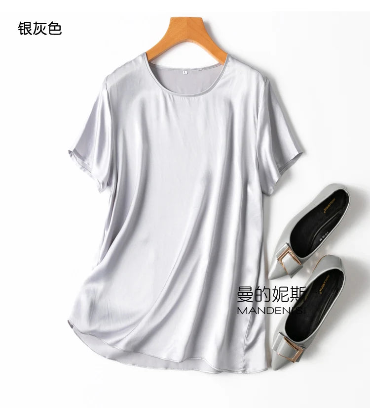 Benefits! Flowing Gem Series Basic Style Versatile Round Neck 100% Mulberry Silk Short Sleeve Silk Satin T-Shirt Top