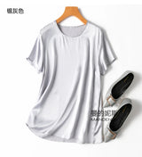 Benefits! Flowing Gem Series Basic Style Versatile Round Neck 100% Mulberry Silk Short Sleeve Silk Satin T-Shirt Top