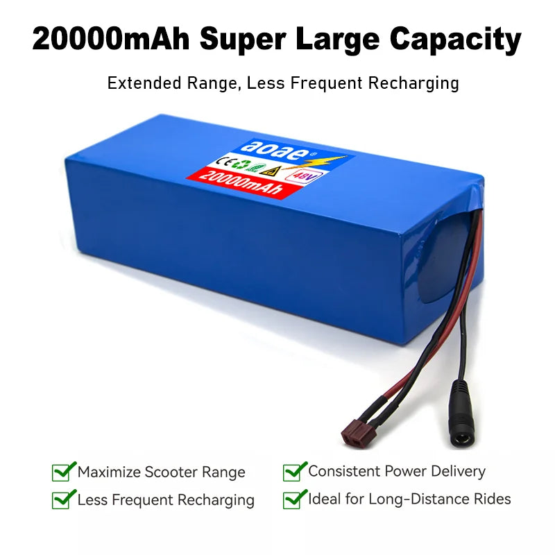48V Electric Scooter Battery 13S5P 20Ah 18650 Grade-A Cells 2000W Built-in BMS XT60 JST High Capacity Long Range Safe & Durable