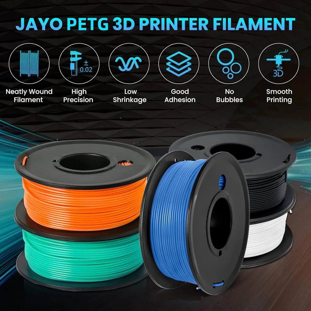JAYO 3D PETG/PLA/PLA PLUS Filament 1.75mm PLA Filament 5 Rolls For Bambu FDM 3D Printer Neatly Wound 3D Printing Material for 3d