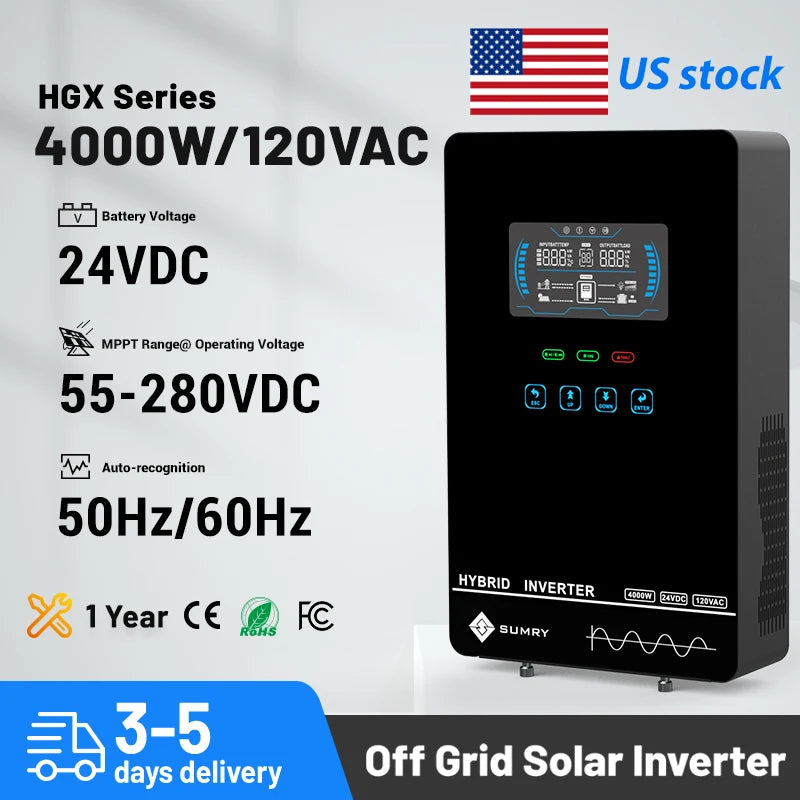 SUMRY 4KW Off Grid Solar Inverter 24V Pure Sine Wave Built-in140A MPPT Solar Charger Cold Restart Function Work Without Battery